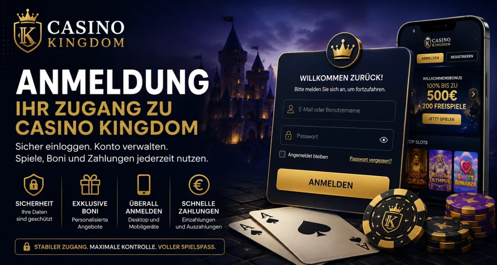 Casino Kingdom Anmeldung Banner mit sicherem Login-Bereich, mobilen Geräten, Euro-Zahlungen, Bonusangeboten und geschütztem Spielerzugang für deutsche Nutzer.