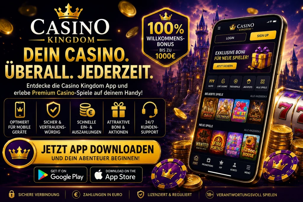Casino Kingdom App Banner mit mobilem Casino-Zugang, Euro-Zahlungen, Bonusangeboten und modernen Smartphone-Casino-Spielen für deutsche Nutzer.