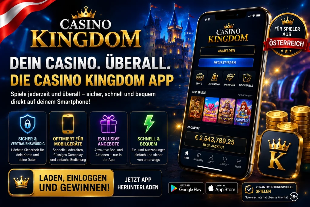 Casino Kingdom App Banner für Österreich mit Smartphone, luxuriösem blau-goldenem Casino-Design, mobilen Spielen und sicherer Casino-App