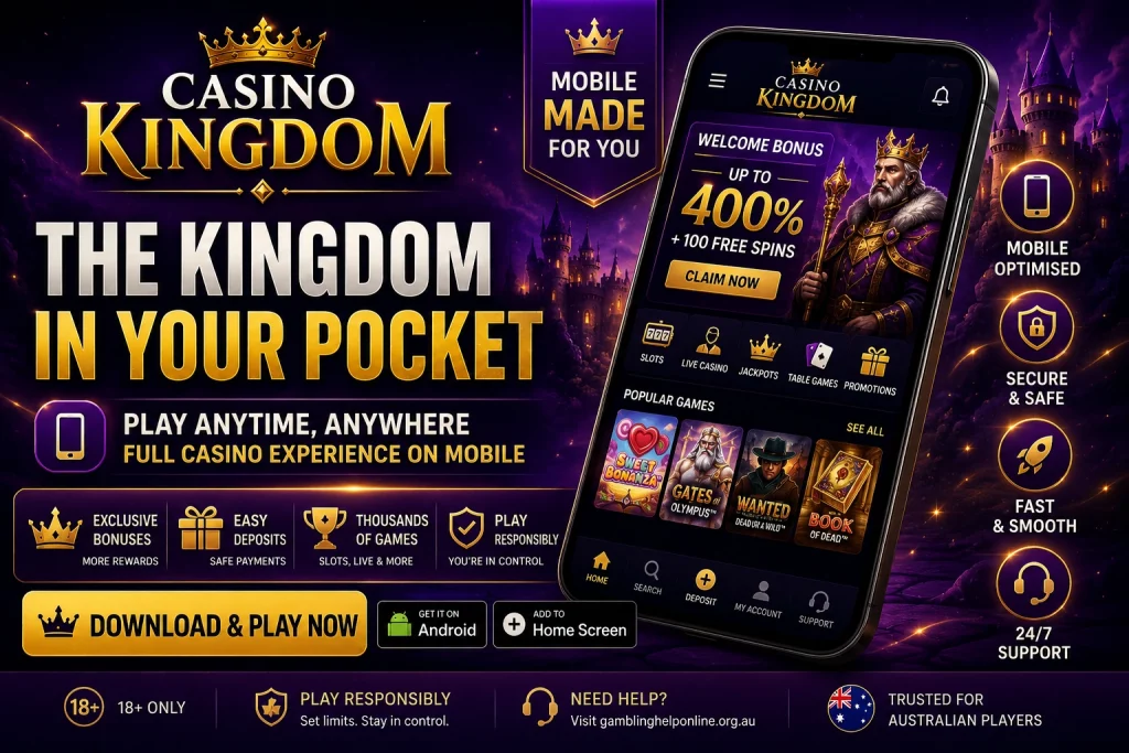 Casino Kingdom mobile app banner for Australian players with casino games, secure mobile access, welcome bonus, jackpots, and royal purple gaming design