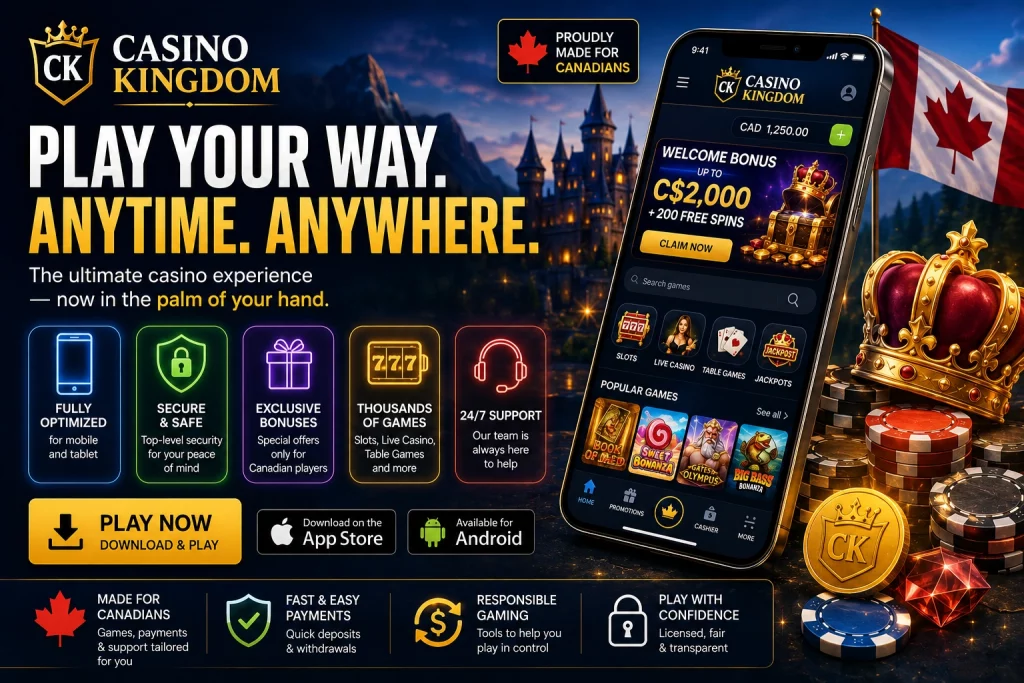 Casino Kingdom mobile app banner for Canadian players with casino games, welcome bonus, secure payments, live casino, and smartphone gaming interface