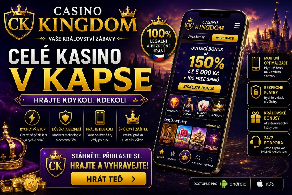 Casino Kingdom Login Czech Republic banner with secure casino account access, luxury mobile interface, glowing gold elements, and premium online gaming atmosphere