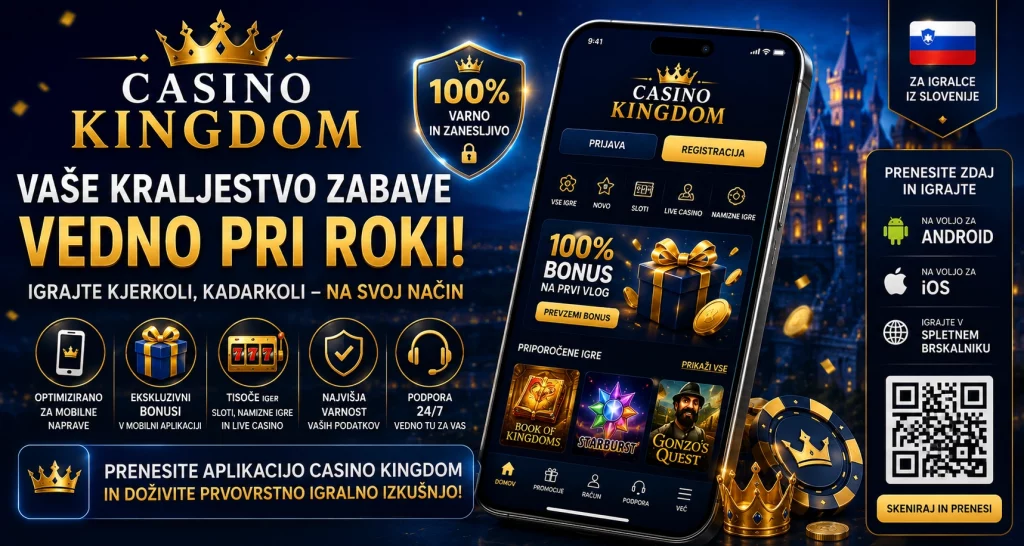 Casino Kingdom App banner za Slovenijo z modernim mobilnim telefonom, casino vmesnikom, zlatimi kovanci in luksuznim modro-zlatim ozadjem