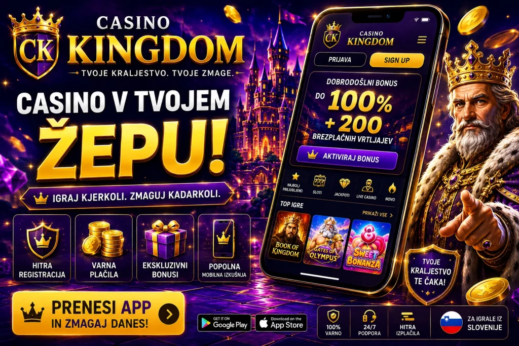 Casino Kingdom App Slovenia banner with premium mobile casino experience, luxury smartphone gaming interface, glowing royal gold effects, secure account access, and modern online casino atmosphere.