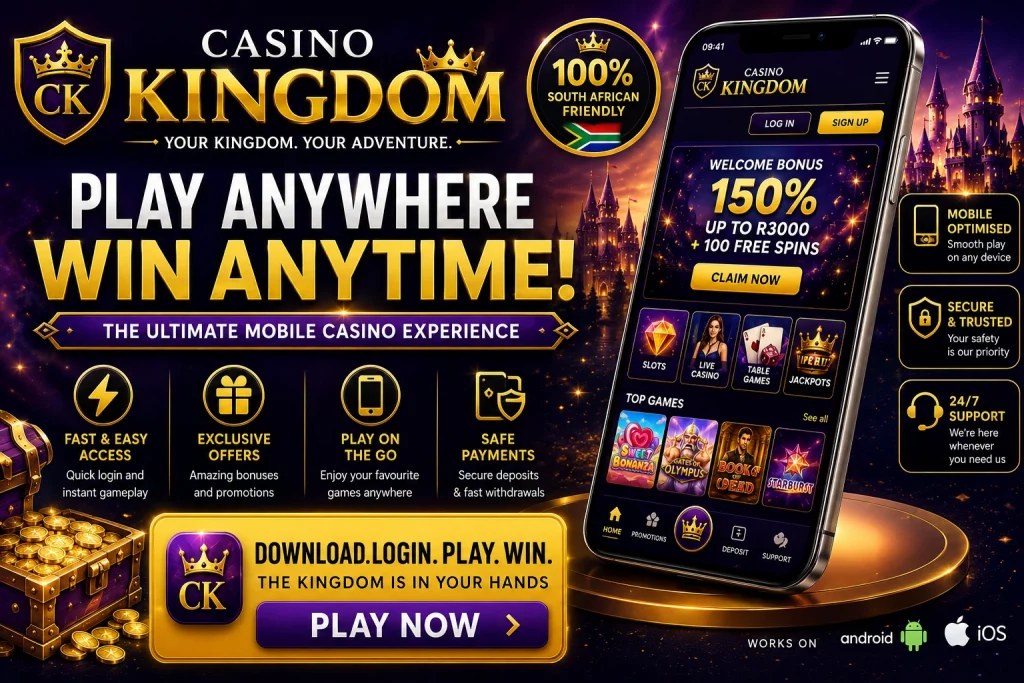 Casino Kingdom App South Africa banner with mobile casino interface, secure gaming features, welcome bonus, and premium smartphone casino experience