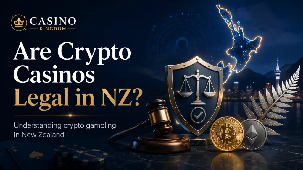 Are crypto casinos legal in NZ banner with Casino Kingdom branding, New Zealand map, legal shield, gavel, Bitcoin and Ethereum coins on a dark blue casino-style background.
