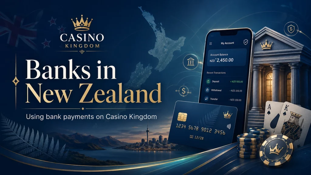 Banks in New Zealand for Casino Kingdom banner with NZ map, mobile banking app, bank card, casino chips, playing cards and premium dark blue financial background.