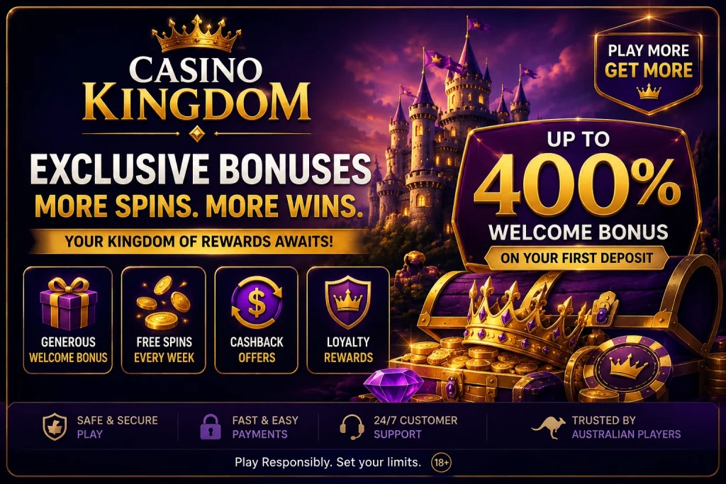 Casino Kingdom bonus banner for Australian players with welcome bonus, free spins, cashback rewards, loyalty offers, and royal purple casino design