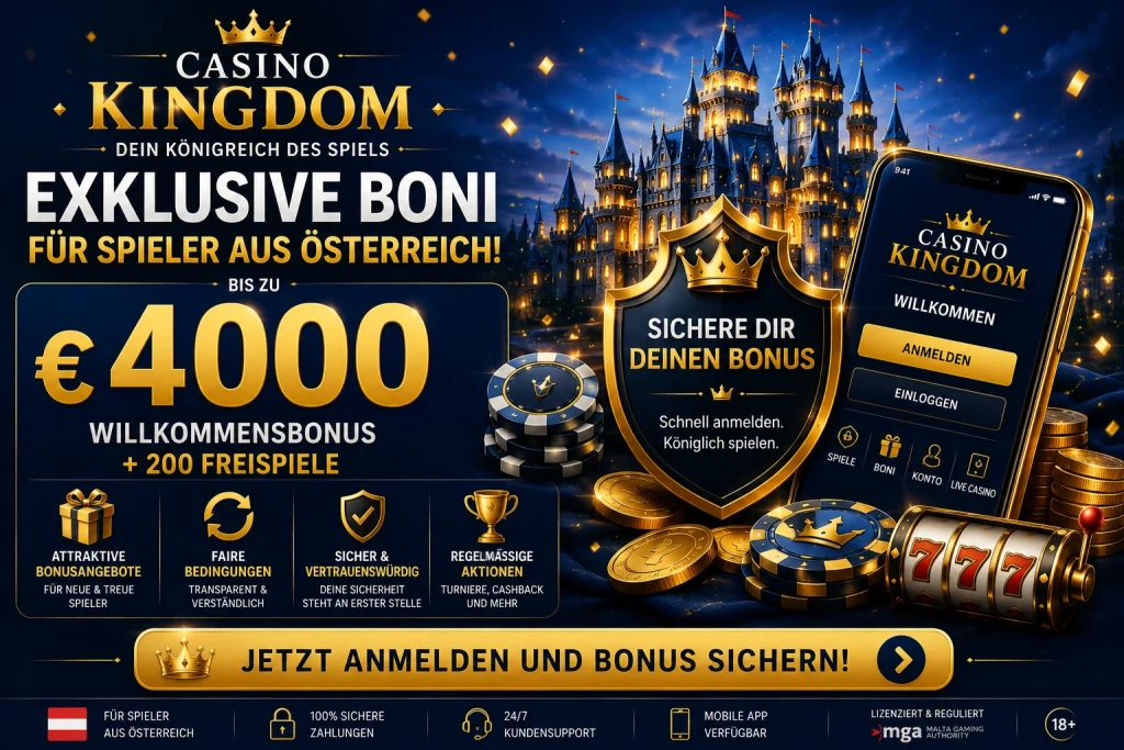 Casino Kingdom Bonus Banner für Österreich mit goldenen Casino-Elementen, Bonusangeboten, Smartphone und luxuriösem blau-goldenem Design