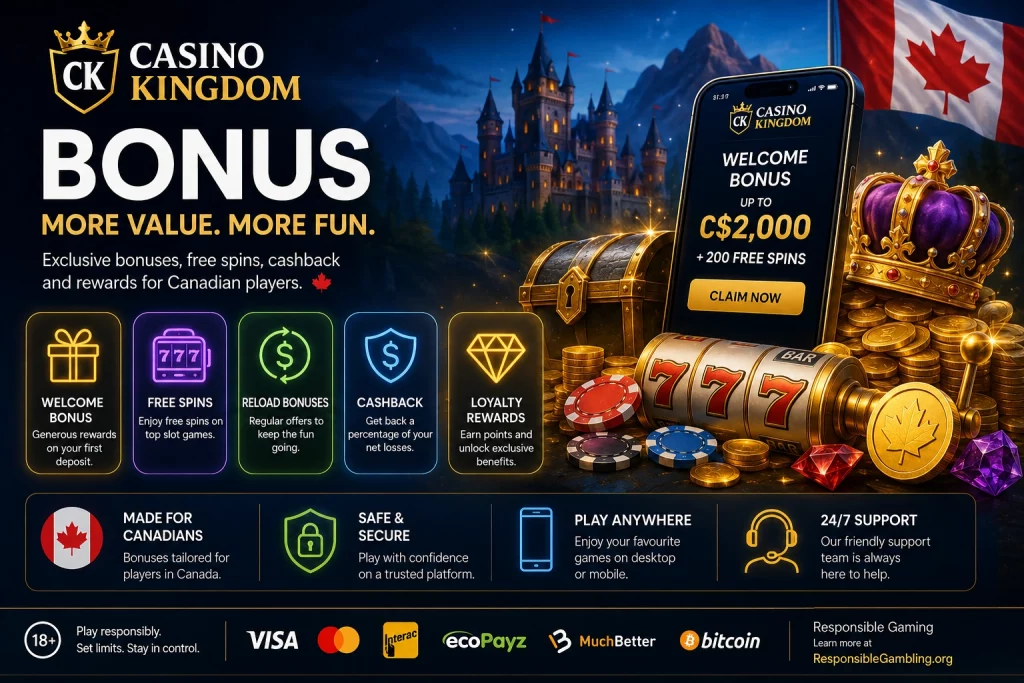Casino Kingdom Canada Bonus banner with welcome offer, free spins, cashback rewards, loyalty bonuses, casino coins, slot machine, and mobile gaming interface
