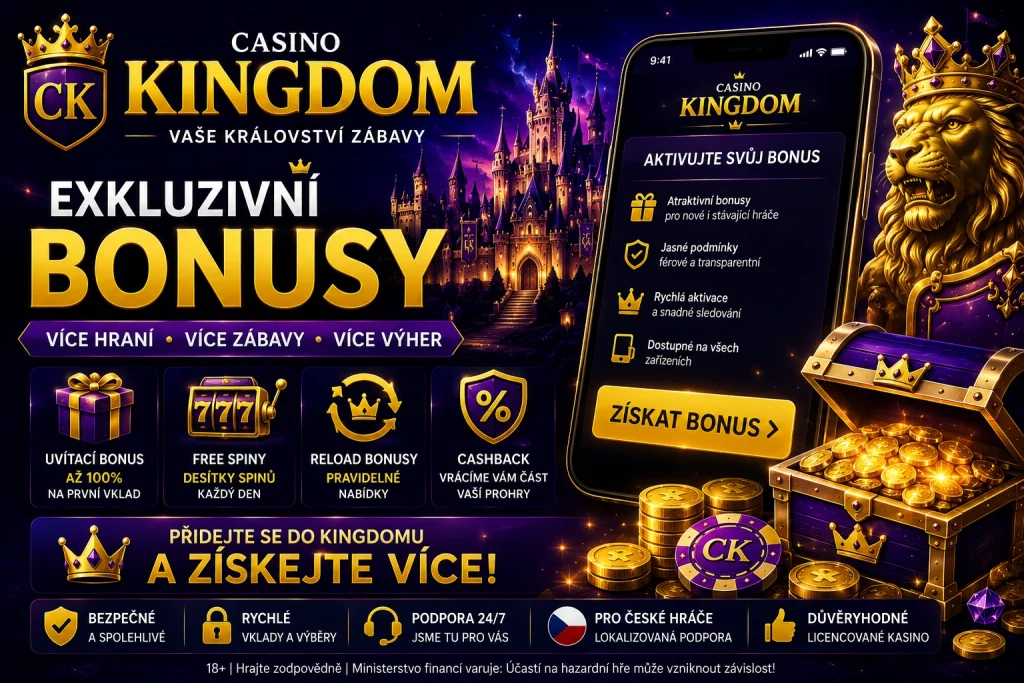 Casino Kingdom Bonus Czech Republic banner with luxury casino rewards, glowing free spins, royal gold coins, and premium online gaming atmosphere