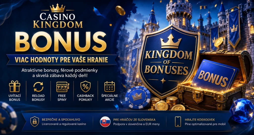 Casino Kingdom Bonus Slovensko banner s moderným kasínovým dizajnom, bonusovými mincami, free spin ikonami a luxusným modro-zlatým pozadím