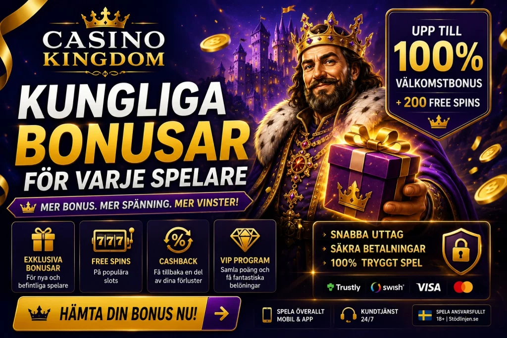 Casino Kingdom Bonus Sverige med välkomstbonus, free spins, kampanjer, mobilspel och exklusiva casinobelöningar för svenska spelare