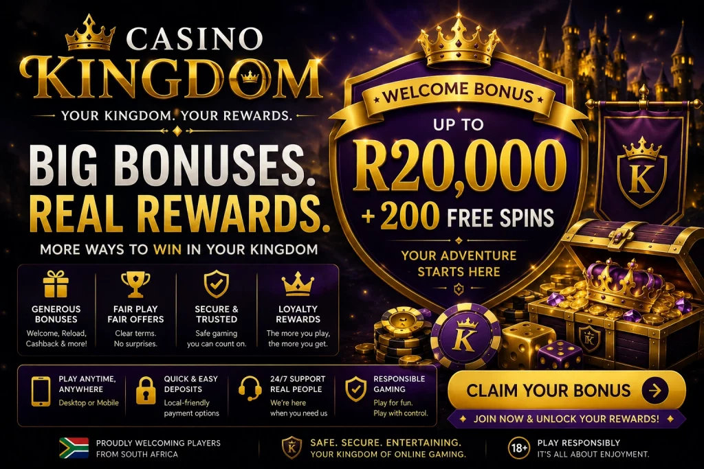 Casino Kingdom Bonus South Africa banner with welcome rewards, free spins, gold casino coins, and premium online gaming design