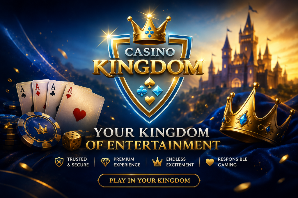 Casino Kingdom Canada banner with royal blue and gold casino emblem, crown, playing cards, chips and fantasy castle background.
