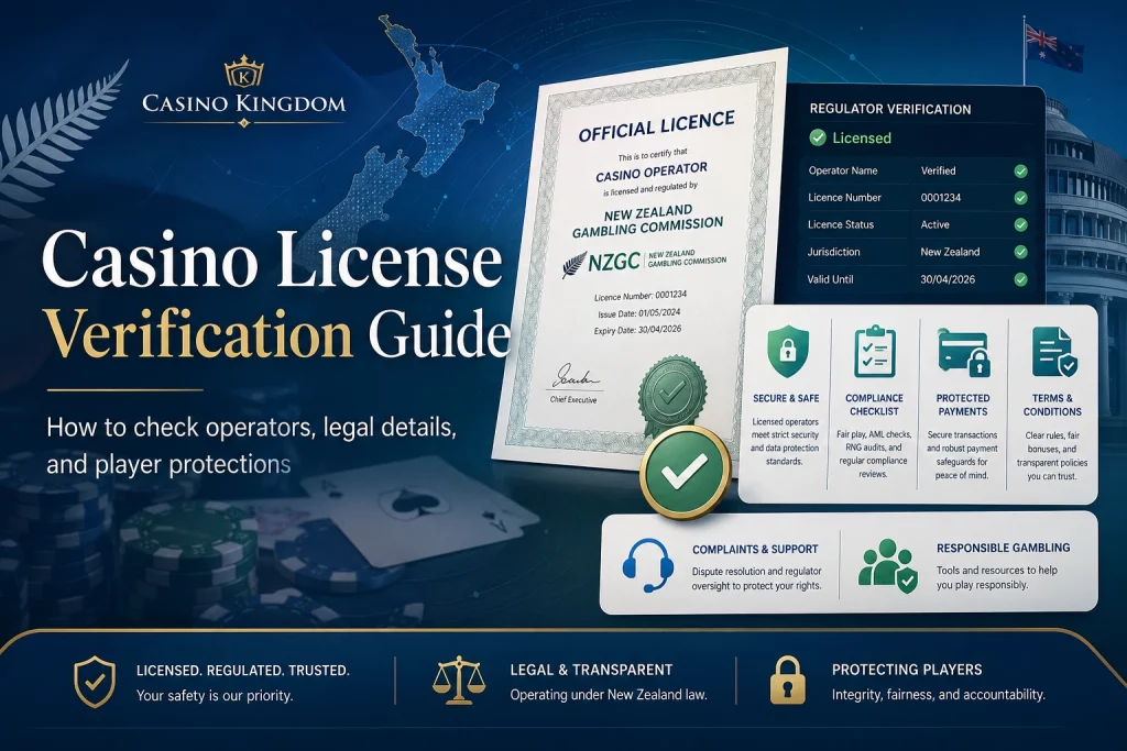 Casino License Verification Guide banner with Casino Kingdom branding, verified licence certificate, secure casino dashboard, regulator check icons, protected payments, clear terms, and New Zealand player safety elements.