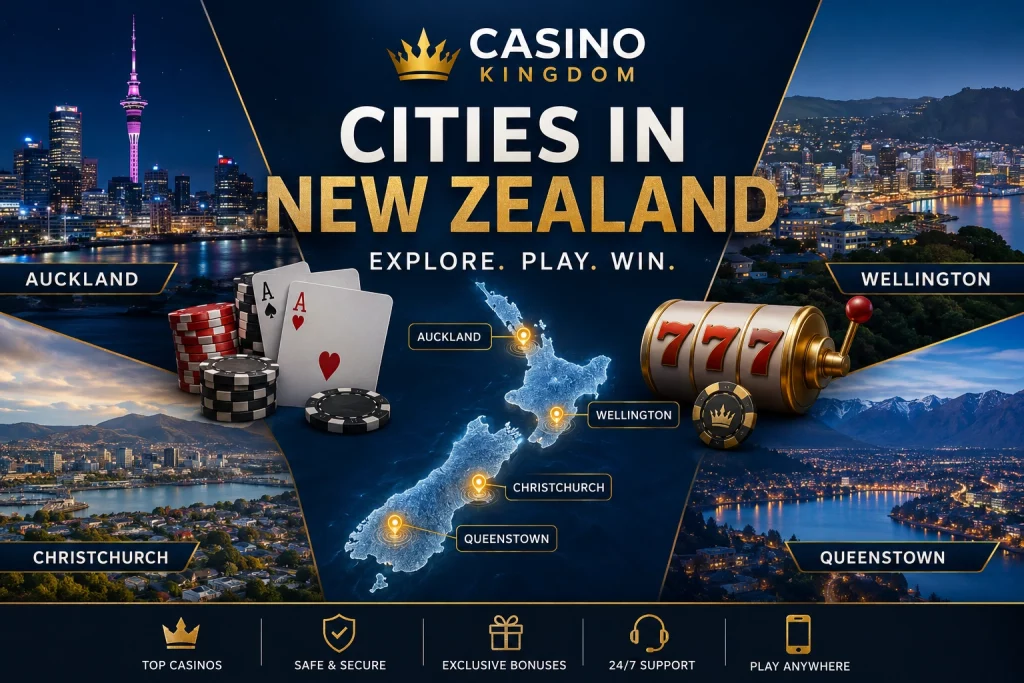 Cities in New Zealand for Casino Kingdom banner with Auckland, Wellington, Christchurch and Queenstown skylines, glowing NZ map, casino chips, cards and premium dark blue-gold design.