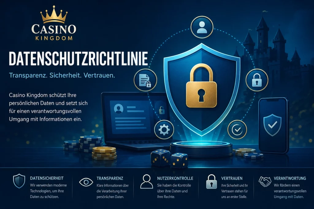 Casino Kingdom Datenschutz Banner mit Fokus auf Datensicherheit, Transparenz, sichere Datenverarbeitung und verantwortungsbewussten Schutz persönlicher Informationen im Online-Casino-Bereich.