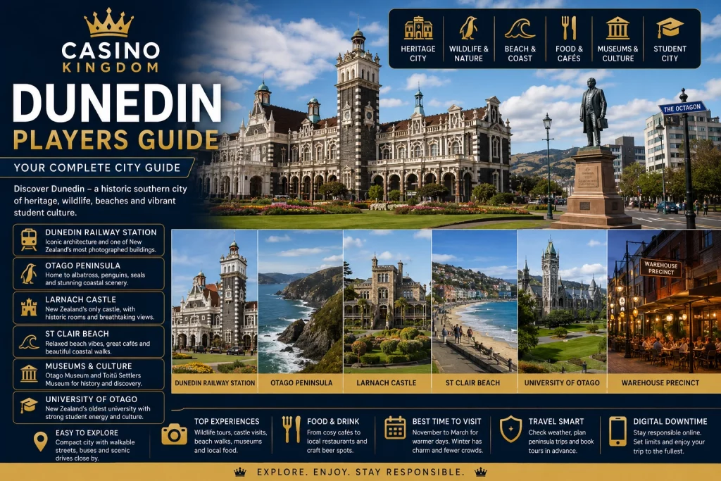 Dunedin Players Guide banner with Casino Kingdom logo, Dunedin Railway Station, Otago Peninsula, Larnach Castle, St Clair Beach, University of Otago, Warehouse Precinct and premium navy-gold travel design.