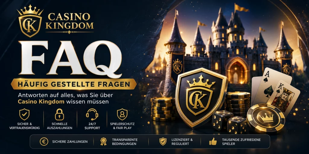 Casino Kingdom FAQ Banner mit Schloss, goldenen Casino-Elementen und Informationen zu Sicherheit, Auszahlungen und Spielerschutz für deutsche Spieler