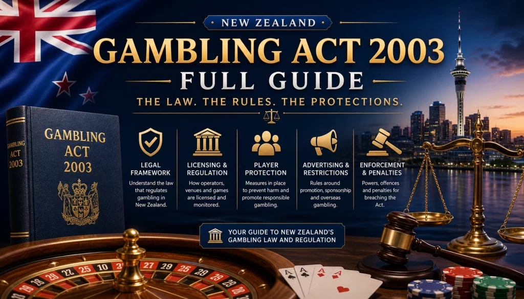 Gambling Act 2003 full guide banner with New Zealand flag, legal book, casino roulette, chips and justice scales