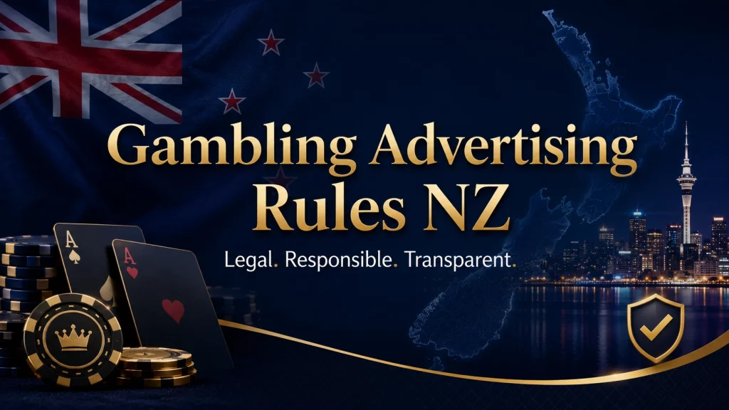 Gambling Advertising Rules NZ banner with New Zealand flag, Auckland skyline, map of New Zealand, casino cards and chips, and a gold shield on a dark blue premium background.