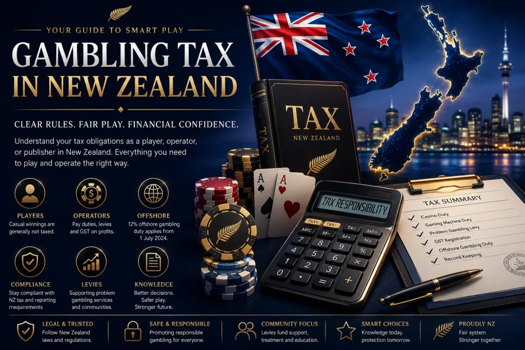Gambling tax in New Zealand guide with tax documents, calculator, casino chips, New Zealand map, legal scales, and finance icons on a dark blue premium background.