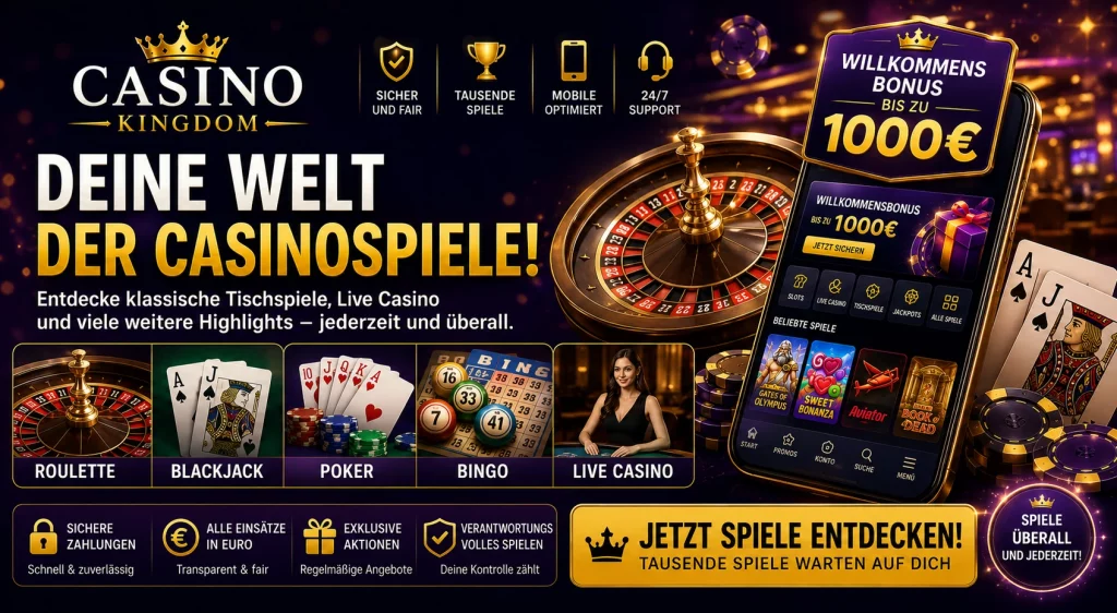 Casino Kingdom Casinospiele Banner mit Roulette, Blackjack, Poker, Bingo und Live Casino in luxuriösem Online-Casino-Design für deutsche Spieler.