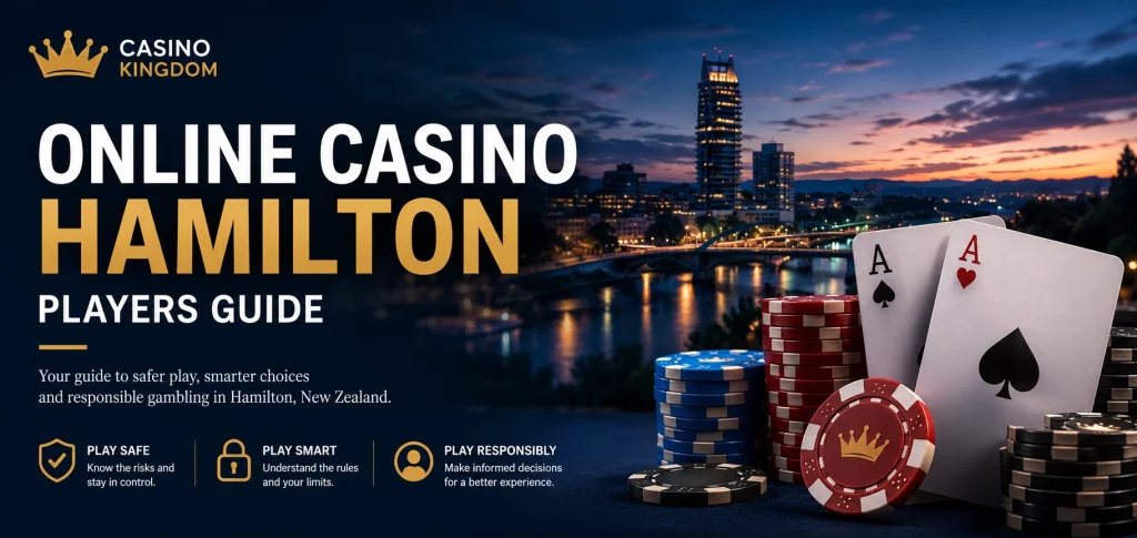 Casino Kingdom Online Casino Hamilton Players Guide banner with Hamilton skyline, casino chips, playing cards, and responsible gambling safety theme for New Zealand players.