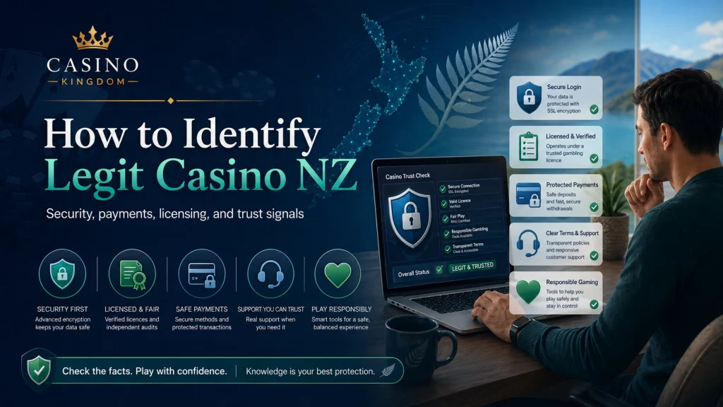 How to Identify Legit Casino NZ banner with Casino Kingdom branding, New Zealand map, secure casino trust check dashboard, licensed and verified icons, protected payments, clear terms, customer support, responsible gaming, and player reviewing safety signals online.