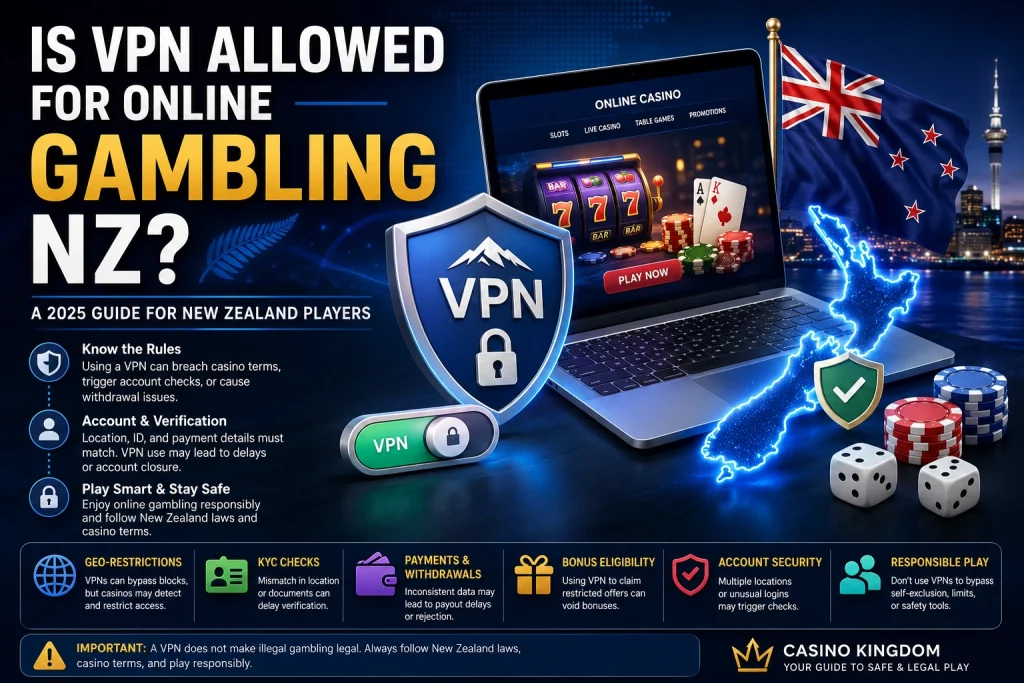 Is VPN allowed for online gambling NZ guide with VPN shield, online casino laptop, New Zealand map, flag, security icons, and casino chips on a dark blue tech background.