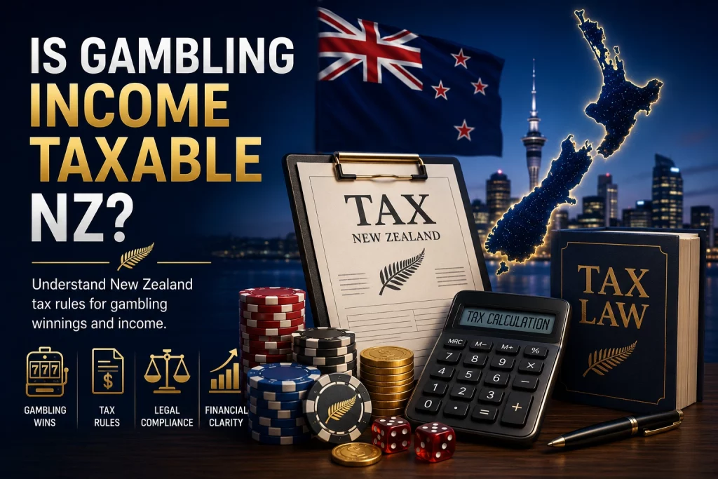 Is gambling income taxable NZ banner with New Zealand map, tax documents, calculator, casino chips, dice, tax law book, and legal compliance symbols.