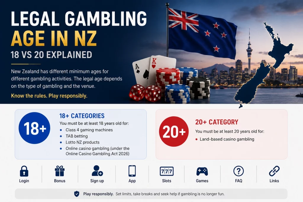 Legal gambling age NZ banner explaining 18 vs 20 rules with New Zealand flag, map, casino chips, cards, 18+ and 20+ age blocks, and responsible gambling notice.