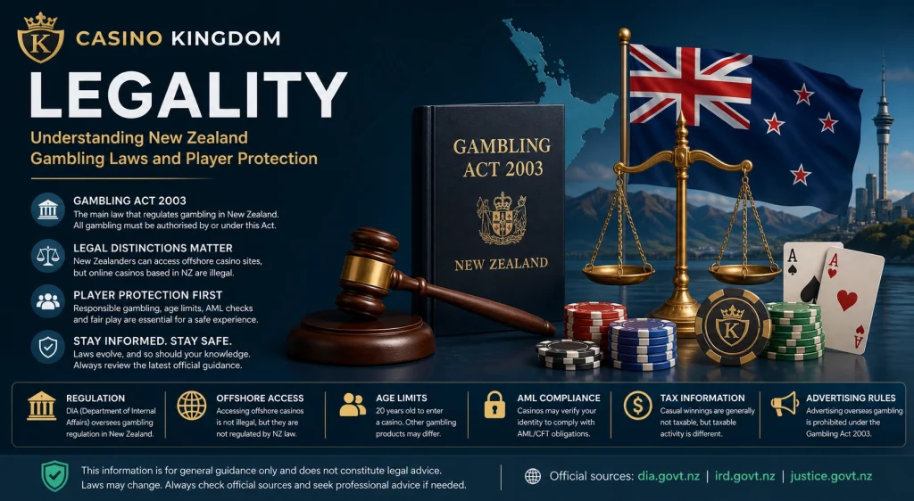 Casino Kingdom legality banner with Gambling Act 2003 book, New Zealand flag, legal scales, gavel, casino chips, playing cards, regulation icons, offshore access, AML compliance, age limits, tax information, and player protection guidance.