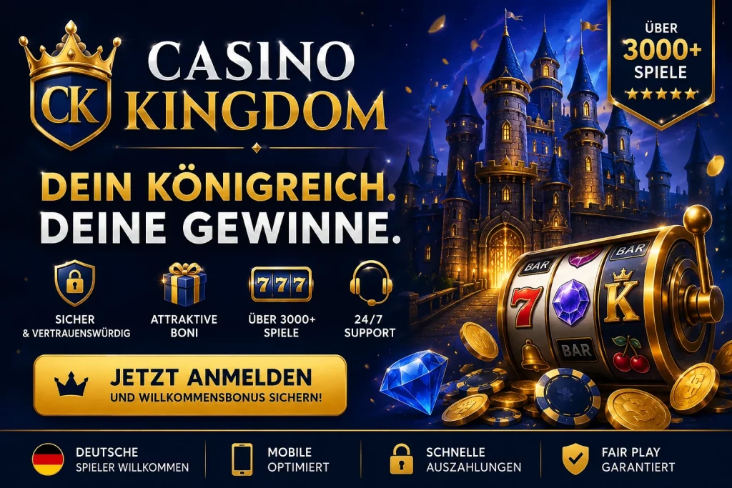 Casino Kingdom Links Banner mit Schloss, Spielautomaten und goldenen Casino-Elementen für deutsche Spieler