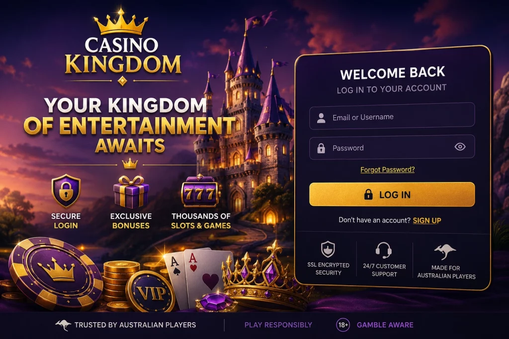 Casino Kingdom login page banner for Australian players with secure casino account access, royal purple design, mobile-friendly interface, slots, bonuses, and gaming icons