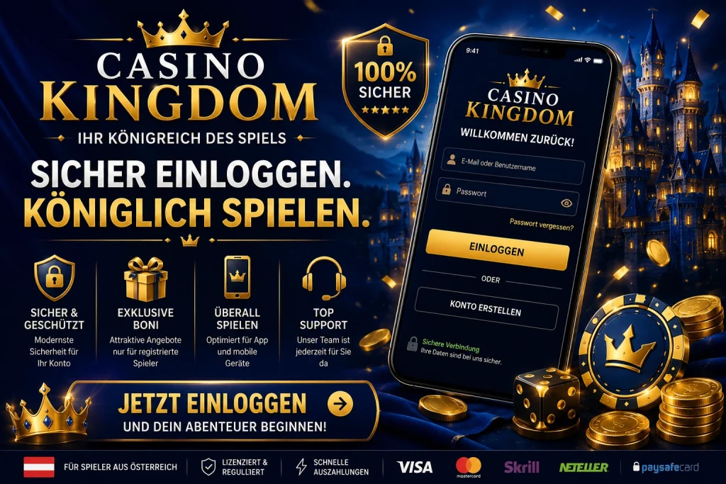 Casino Kingdom Login Banner für Österreich mit sicherem Konto-Login, Smartphone, goldenen Casino-Elementen und luxuriösem blau-goldenem Design