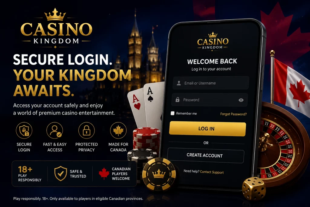 Casino Kingdom Canada login banner with luxury gold logo, secure mobile login screen, casino chips, roulette wheel, Canadian flag and dark blue royal background.