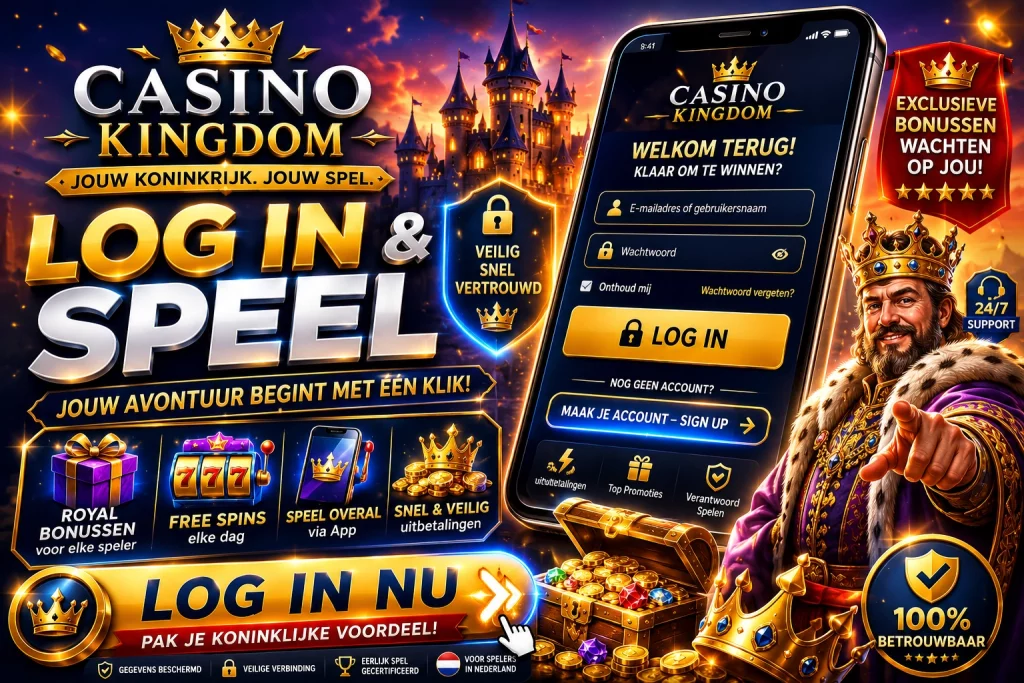 Casino Kingdom Login Nederland met veilige accounttoegang, mobiel inloggen, online casino dashboard en snelle toegang voor Nederlandse spelers