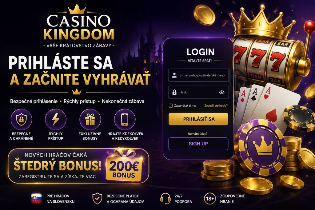 Luxusný banner Casino Kingdom Login pre slovenských hráčov s tmavo fialovým a zlatým dizajnom, prihlasovacím formulárom, automatmi 777, pokerovými kartami, kasínovými žetónmi a prémiovou atmosférou online kasína.