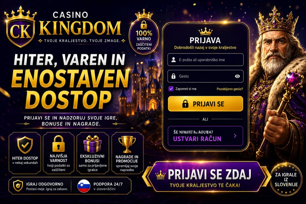 Casino Kingdom Login Slovenia banner featuring secure casino account access, luxury gold and purple design, royal gaming atmosphere, protected player profile, and modern online casino login experience.