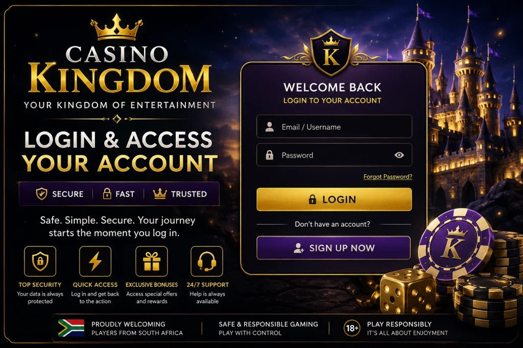 Casino Kingdom Login South Africa banner with secure casino access, mobile login interface, digital protection shield, and luxury gaming design