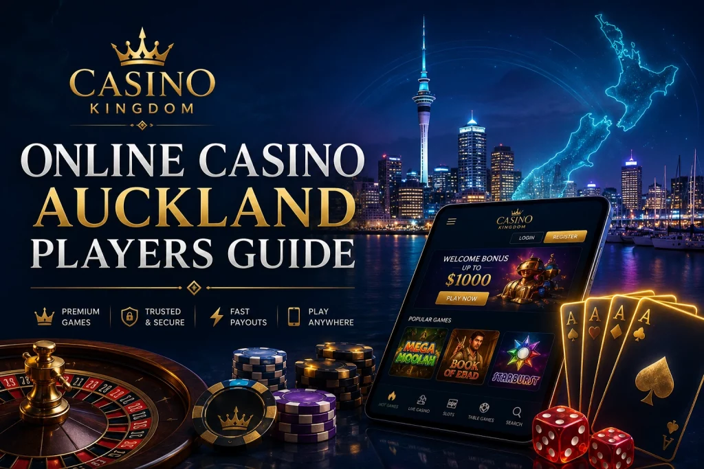 Online Casino Auckland Players Guide banner with Auckland skyline, glowing New Zealand map, casino tablet, roulette wheel, playing cards, dice and premium dark blue-gold Casino Kingdom design.