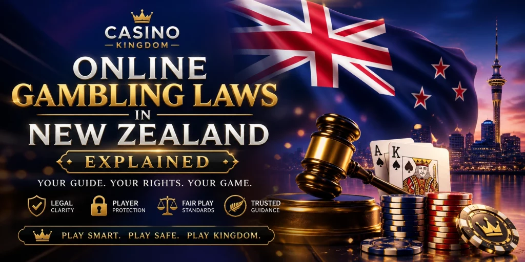 Casino Kingdom banner about online gambling laws in New Zealand with NZ flag, legal symbols, casino chips and Auckland skyline