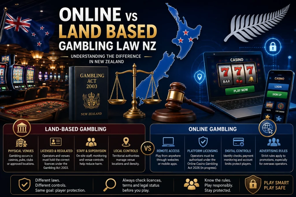 Online vs land-based gambling law NZ comparison with casino venue, online casino platform, New Zealand map, Gambling Act 2003 book, legal scales, and digital security icons.
