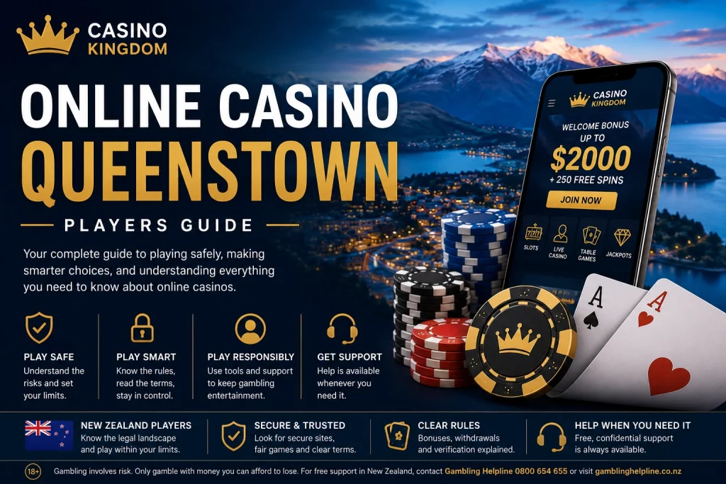 Casino Kingdom Online Casino Queenstown Players Guide banner featuring Queenstown skyline, casino chips, mobile casino interface, playing cards, and responsible gambling safety theme for New Zealand players.