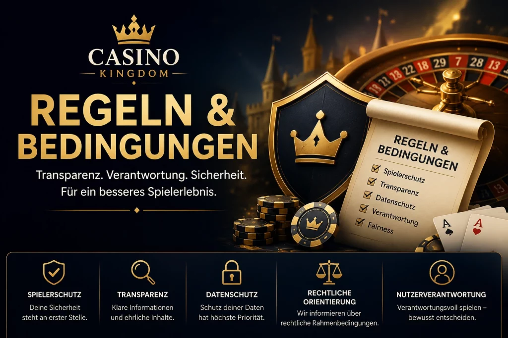 Casino Kingdom Regeln und Bedingungen Banner mit Fokus auf Transparenz, Spielerschutz, Datenschutz und verantwortungsbewusstes Online-Glücksspiel in Deutschland.