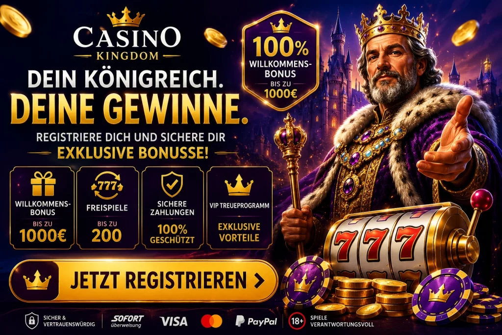 Casino Kingdom Registrierung Banner mit sicherer Kontoerstellung, Euro-Zahlungen, mobilen Geräten und modernem Online-Casino-Design für deutsche Spieler.