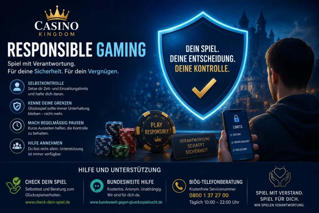 Responsible Gaming Banner für Casino Kingdom mit Fokus auf Spielerschutz, Selbstkontrolle, sichere Limits, Hilfsangebote und verantwortungsbewusstes Online-Glücksspiel in Deutschland.