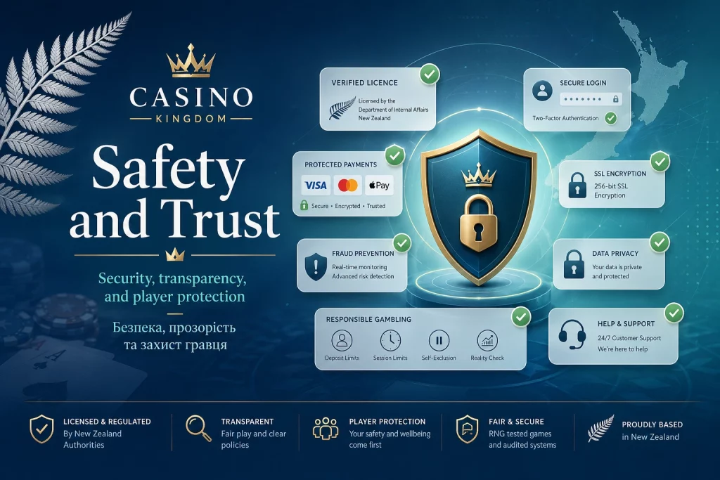 Safety and Trust Casino Kingdom banner with secure shield, verified licence icons, protected payment dashboard, SSL encryption symbols, responsible gambling tools, fraud prevention alerts, and New Zealand player safety elements.